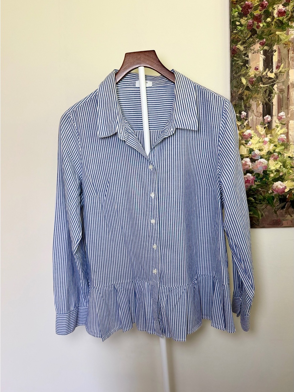 Crown & Ivy Blue White Striped Peplum Button Down Blouse Large